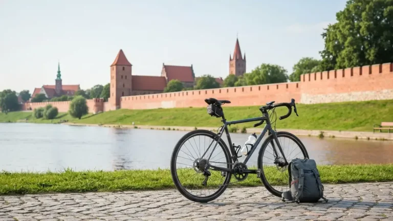 Rower i plecak przy bulwarze nad Wisla z gotycka panorama Torunia w tle
