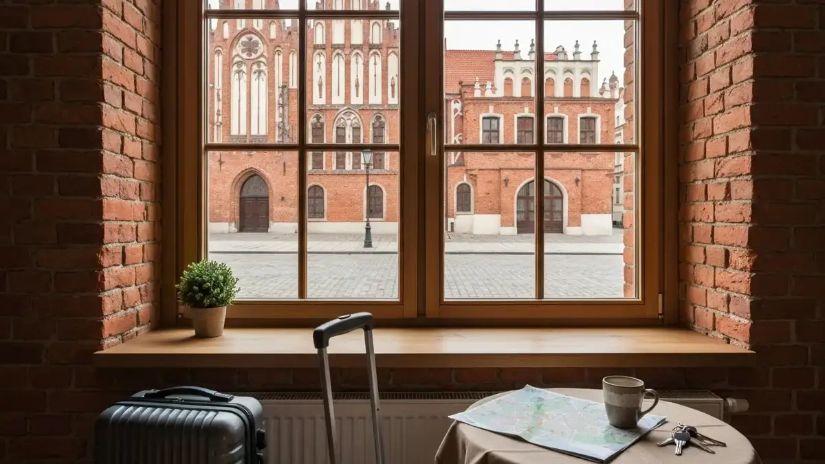 Apartament w kamienicy na torunskiej Starówce z widokiem na gotyckie zabudowania
