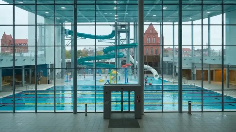 Wnętrze aquaparku w Toruniu z basenami, zjeżdżalniami i lokalnym ceglanym akcentem