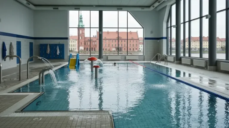 Strefa basenowa dla dzieci w Toruniu z brodzikiem, zjeżdżalnią i miejskim tłem za oknami