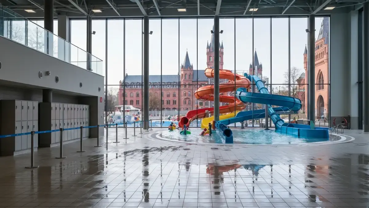 Spokojne wejście do aquaparku w Toruniu z basenem i zjeżdżalniami o poranku