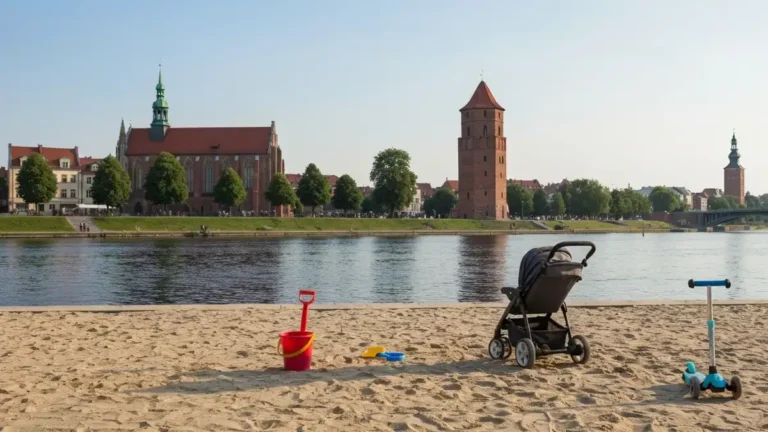 Plaża i bulwar nad Wisłą w Toruniu z widokiem na gotycką panoramę Starego Miasta