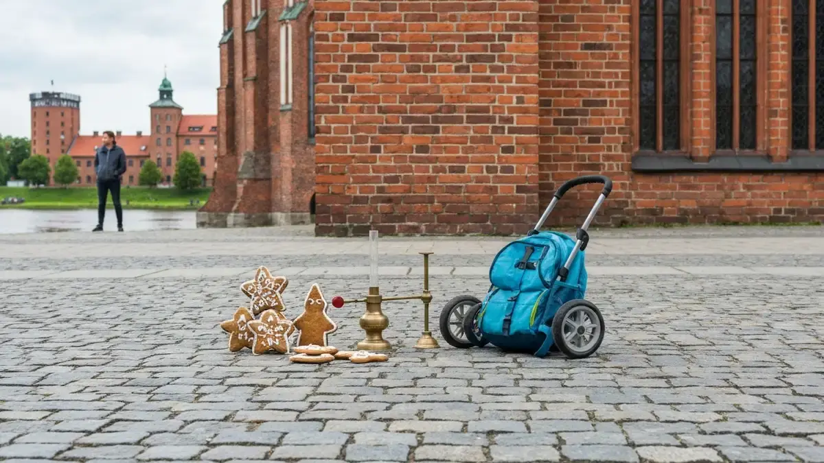 Pierniki, plecak i wózek na toruńskim bruku z gotycką architekturą w tle