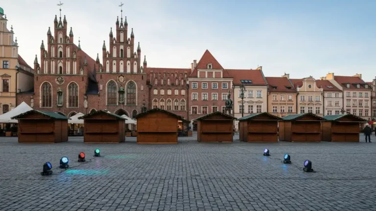 Rynek Staromiejski w Toruniu z drewnianymi stoiskami i sprzetem do iluminacji Bella Skyway