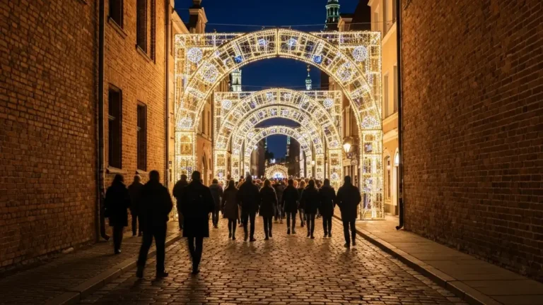 Tłum przy instalacji Bella Skyway na gotyckiej starówce Torunia