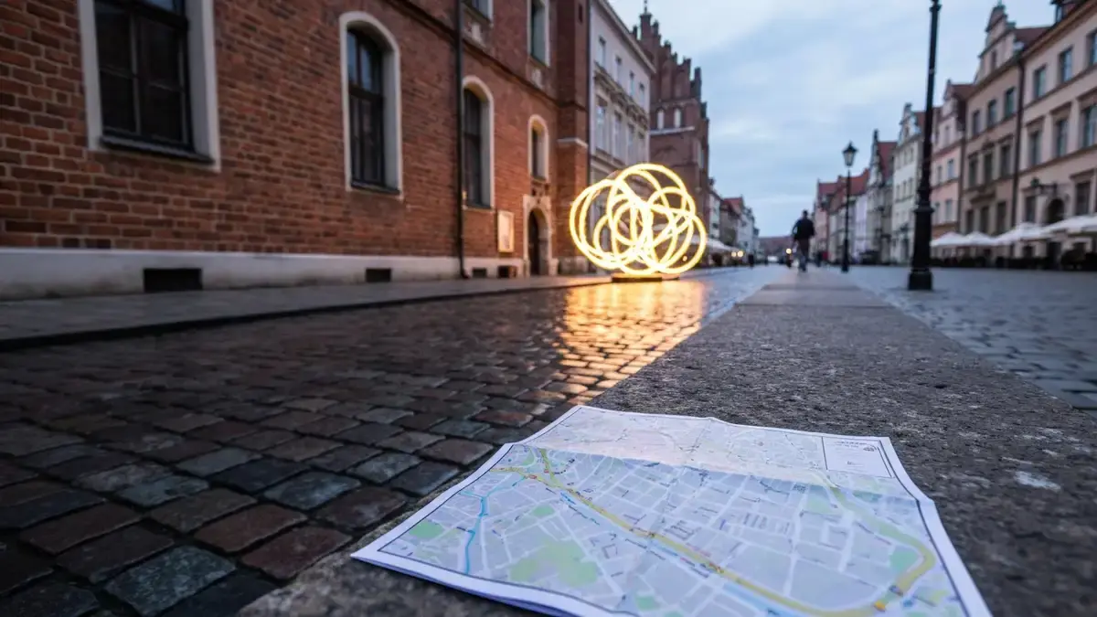 Wieczorna instalacja świetlna na brukowanej ulicy Starego Miasta w Toruniu
