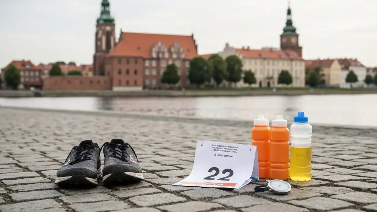 Buty biegowe i akcesoria startowe nad Wisłą z gotycką panoramą Torunia w tle
