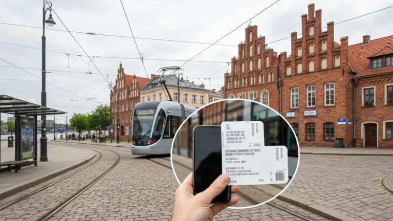 Tramwaj w Toruniu przy gotyckiej zabudowie i bilety komunikacji miejskiej w dłoni