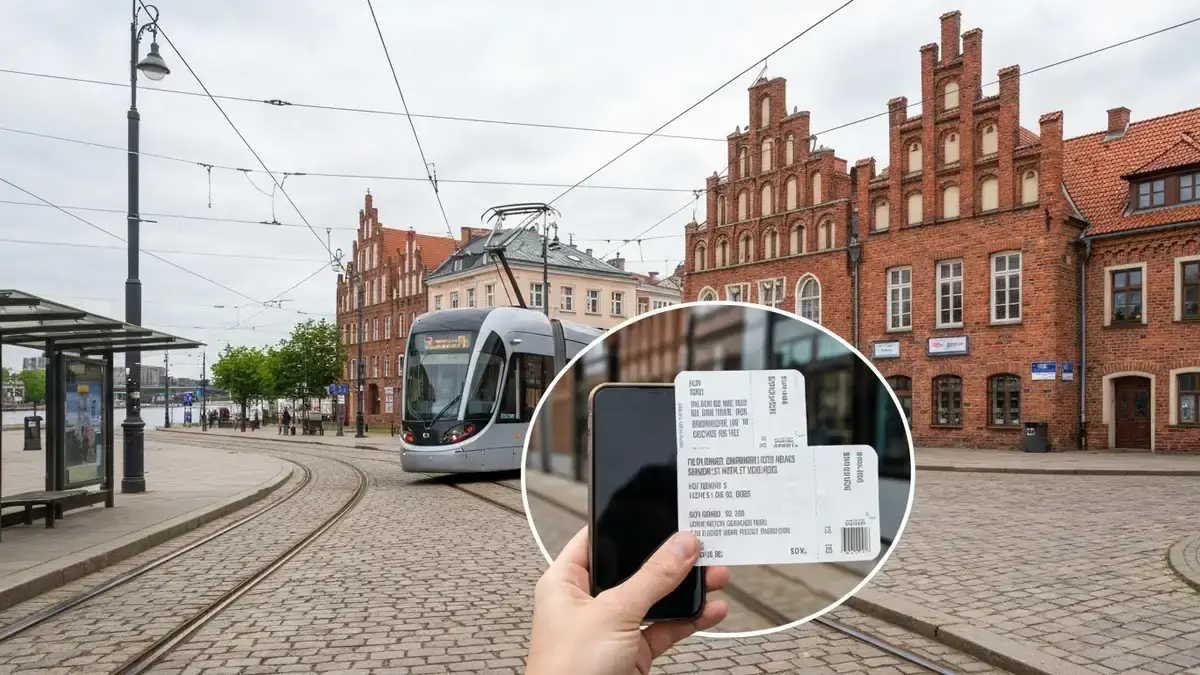 Tramwaj w Toruniu przy gotyckiej zabudowie i bilety komunikacji miejskiej w dłoni