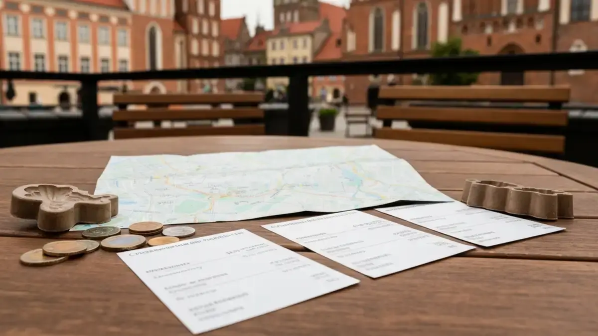 Blankiety biletów i mapa na tle gotyckiej starówki Torunia