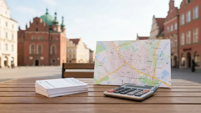 Blankiety biletów i mapa na tle ceglanej starówki Torunia