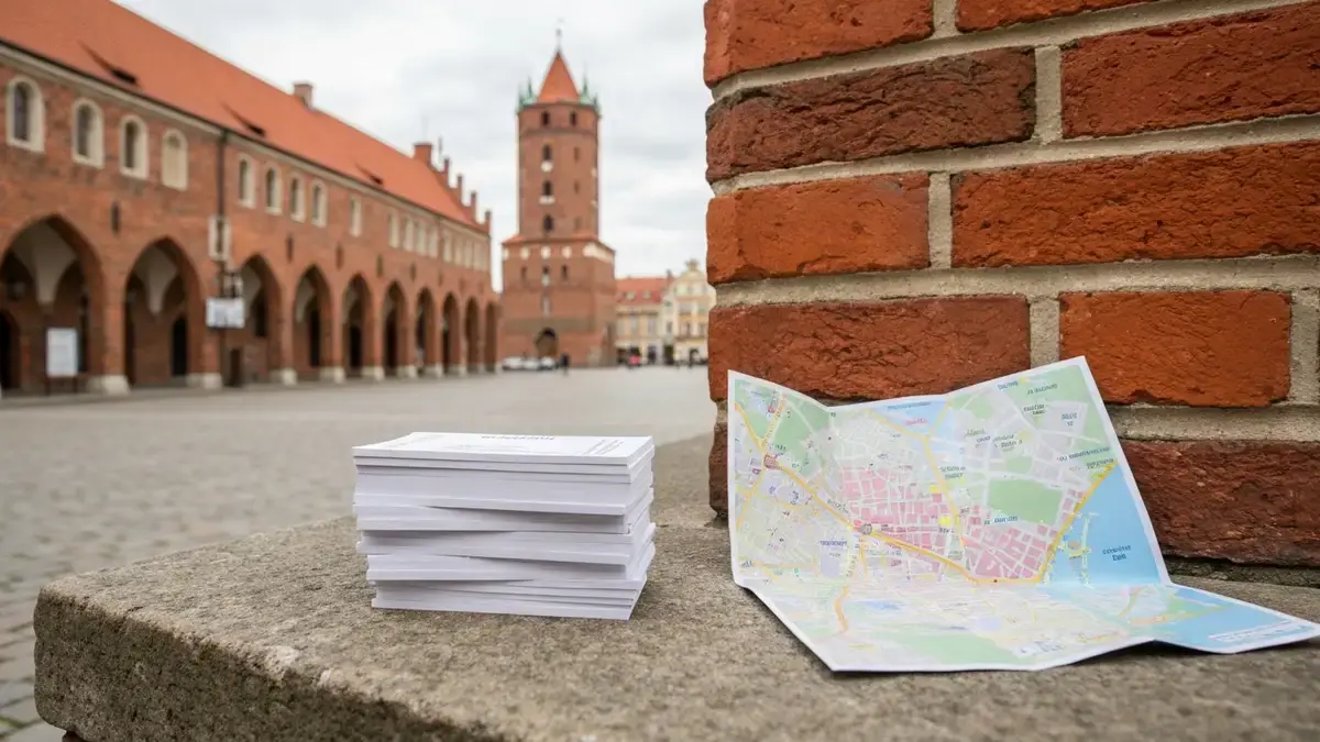 Blankietowe bilety i mapa na tle gotyckiej starówki Torunia