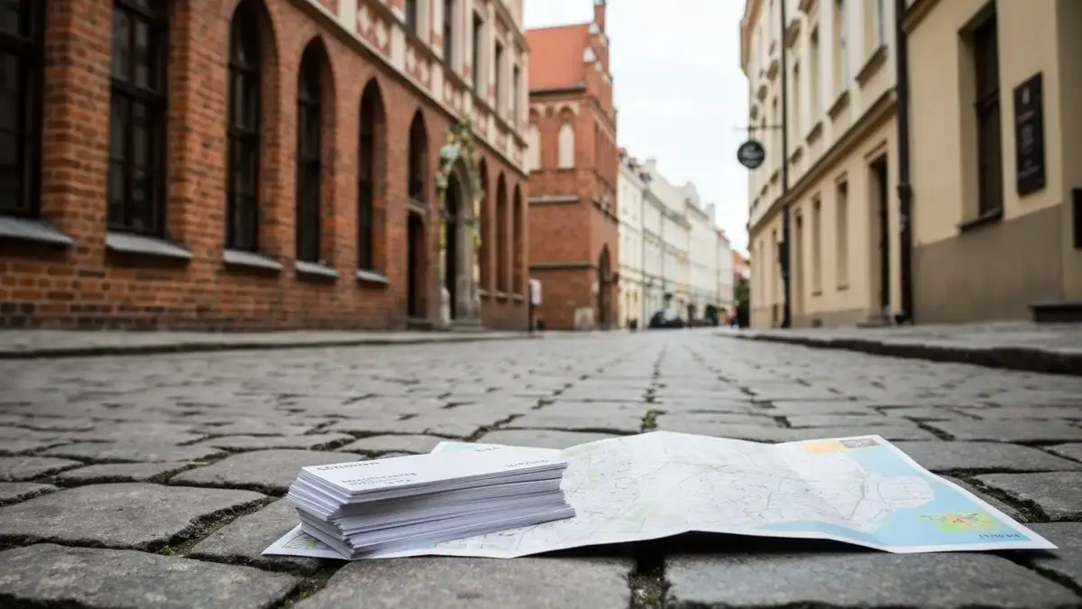 Blank bilety muzealne na tle gotyckiej ulicy Starego Miasta w Toruniu