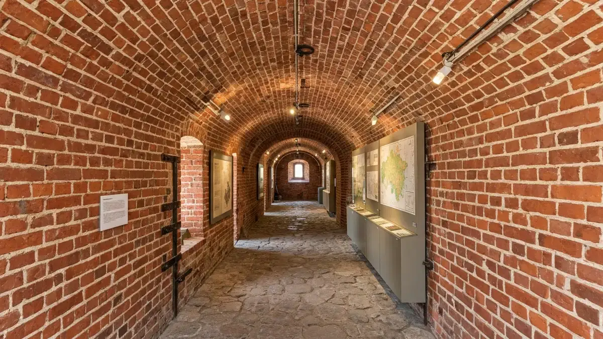 Wnętrze ceglanej kazamaty Muzeum Twierdzy Toruń z gablotami i militariami