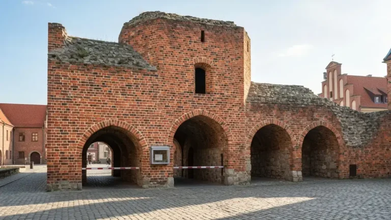 Ruiny zamku krzyżackiego w Toruniu z gdaniskiem i wejściem dla zwiedzających