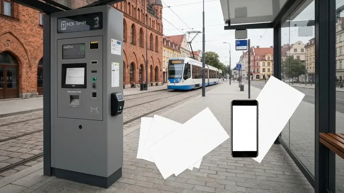 Biletomat i tramwaj przy gotyckiej zabudowie Starego Miasta w Toruniu