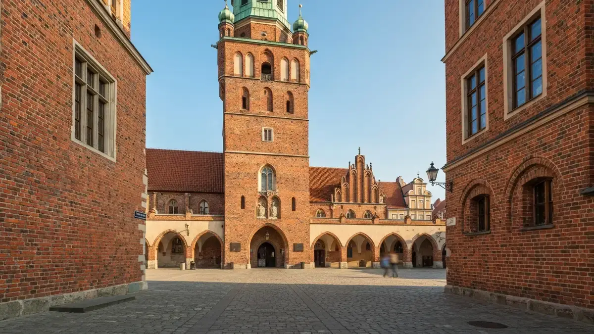 Wieża Ratusza Staromiejskiego w Toruniu na Rynku Staromiejskim w świetle dnia