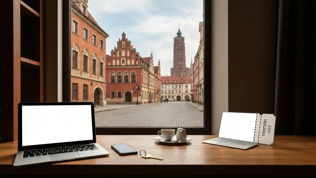 Recepcja hotelu w Toruniu z laptopem, kluczem i widokiem na gotycką starówkę