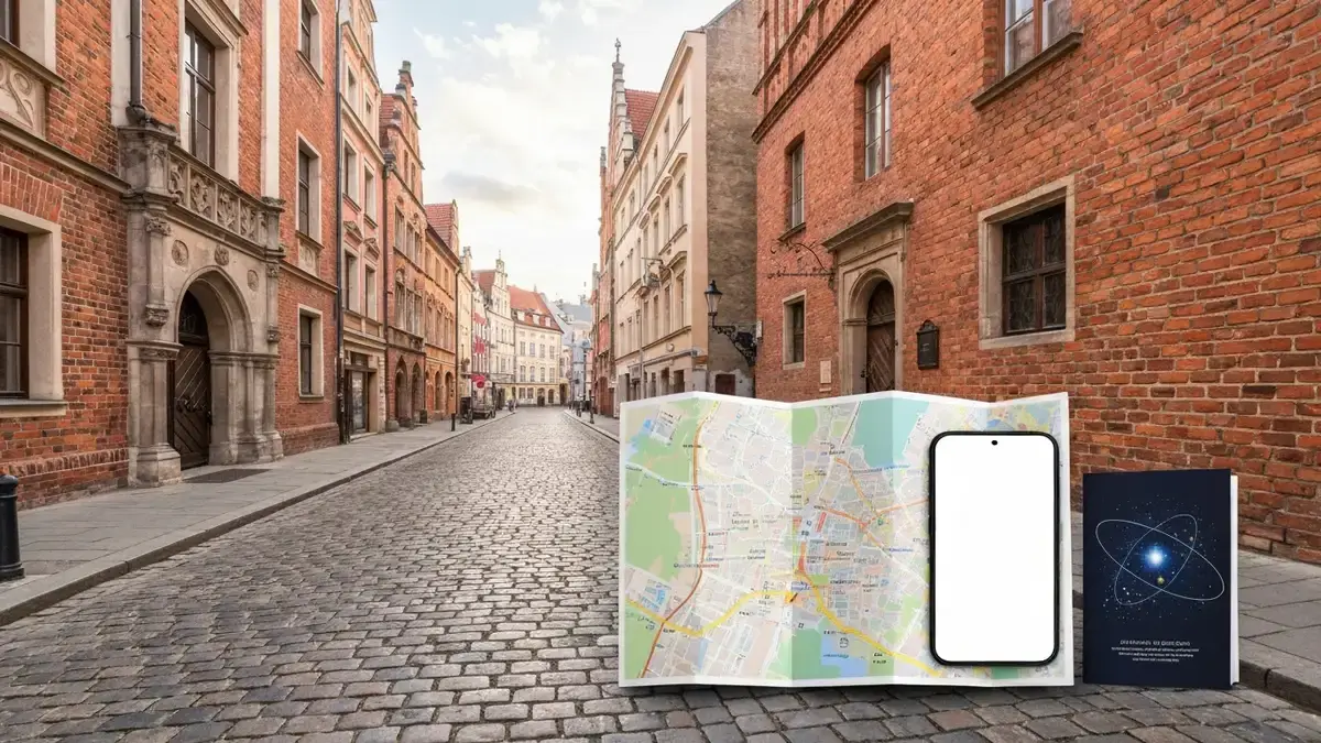 Mapa i telefon na brukowanej ulicy Starego Miasta w Toruniu przy gotyckich kamienicach