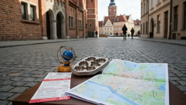 Plan rodzinnych atrakcji w Toruniu z piernikiem, mapą i gotycką starówką w tle