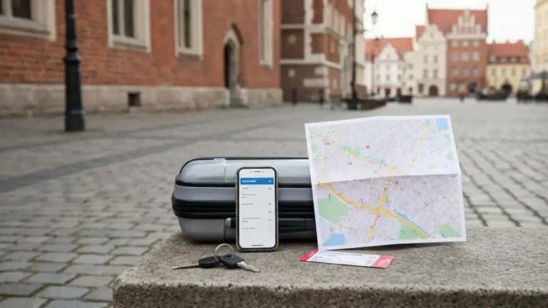 Walizka i telefon na ławce przy gotyckiej starówce Torunia w sezonie turystycznym