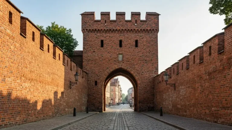 Gotycka brama miejska Torunia przy murach obronnych i brukowanej uliczce