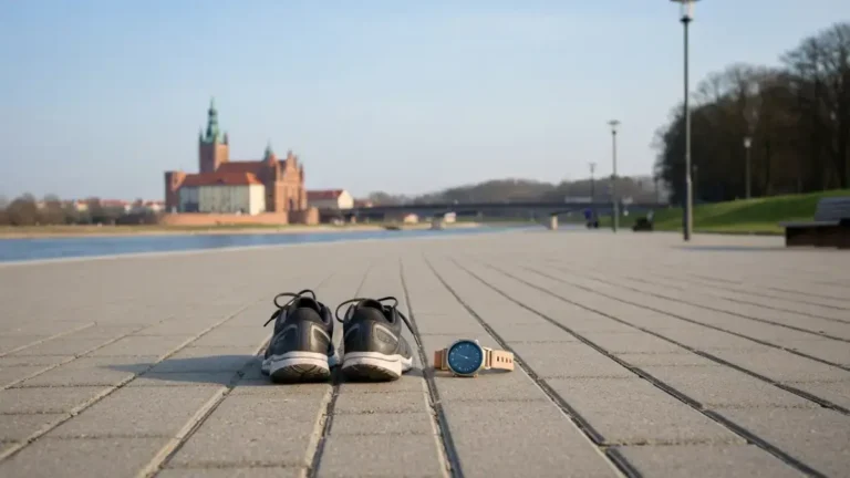 Buty biegowe na Bulwarze Filadelfijskim z panoramą gotyckiego Torunia nad Wisłą