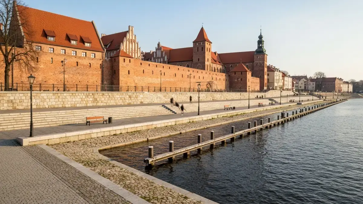Bulwar Filadelfijski nad Wisłą z panoramą gotyckiego Starego Miasta w Toruniu