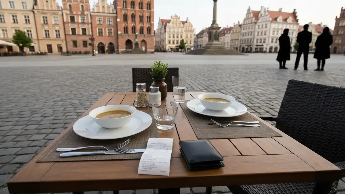 Stolik restauracyjny z obiadem na toruńskiej Starówce w tle gotyckich kamienic