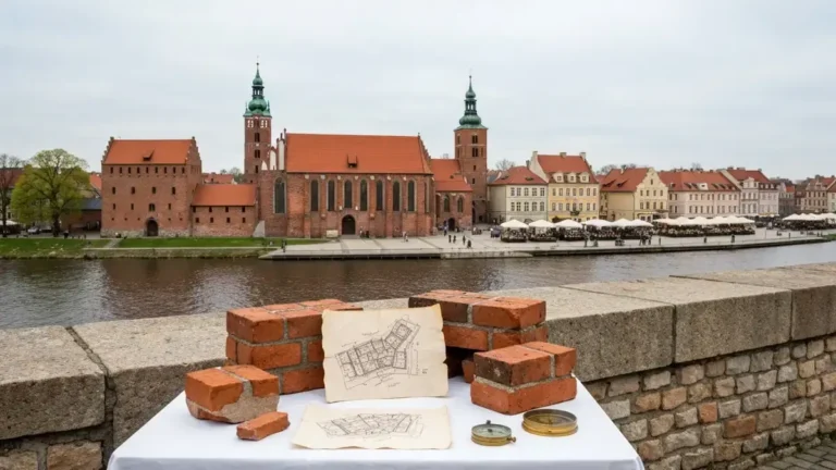 Gotyckie cegły i plan miasta na tle toruńskiej starówki nad Wisłą