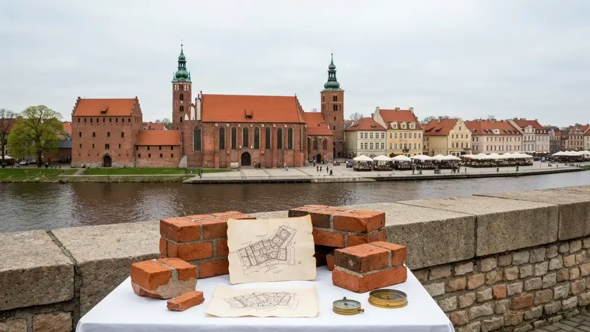 Gotyckie cegły i plan miasta na tle toruńskiej starówki nad Wisłą