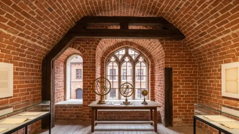 Wnętrze gotyckiej kamienicy w Toruniu z instrumentami astronomicznymi i ceglaną architekturą