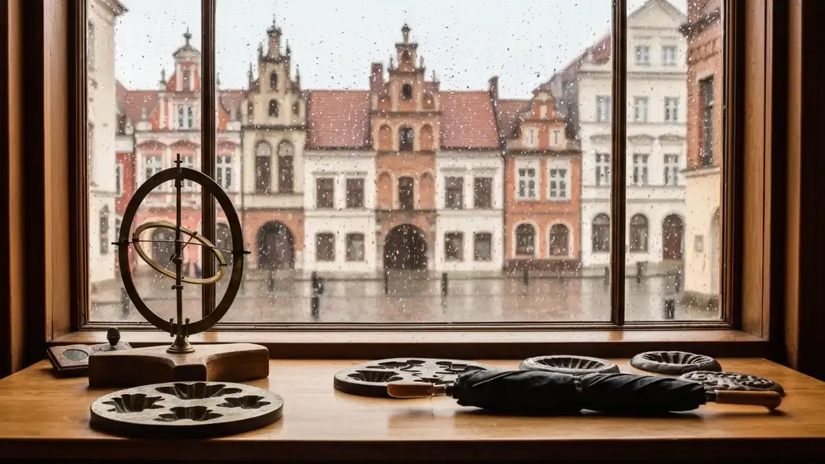 Pierniki, parasol i deszczowe gotyckie Stare Miasto Torunia za oknem