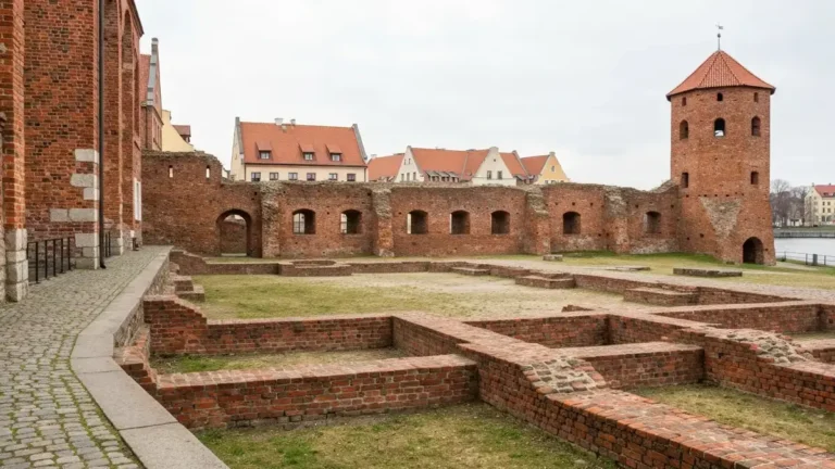 Ruiny zamku krzyżackiego w Toruniu z gdaniskiem i ceglanymi murami przy Starym Mieście