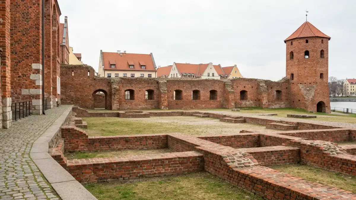 Ruiny zamku krzyżackiego w Toruniu z gdaniskiem i ceglanymi murami przy Starym Mieście