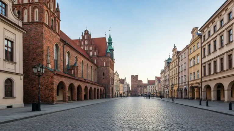 Gotycki rynek Starego Miasta w Toruniu z brukiem i ceglaną zabudową UNESCO