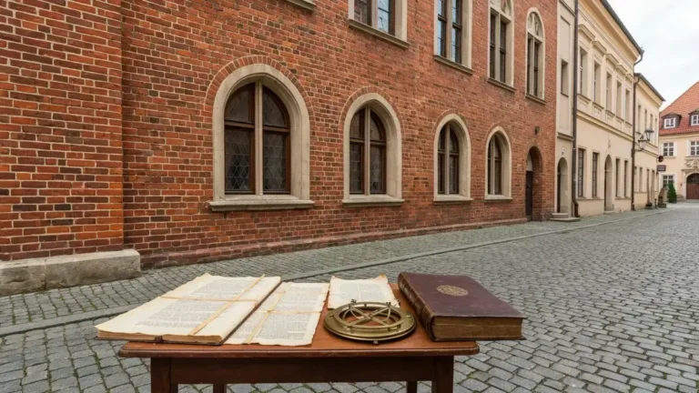 Gotycka kamienica w Toruniu z dokumentami historycznymi i astrolabium