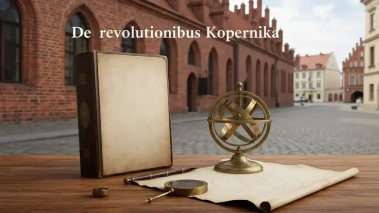 Stary traktat astronomiczny i sfera armilarna na tle gotyckiej architektury Torunia