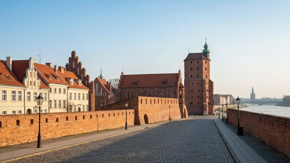 Zachowane gotyckie mury i kamienice Starego Miasta w Toruniu nad Wisłą