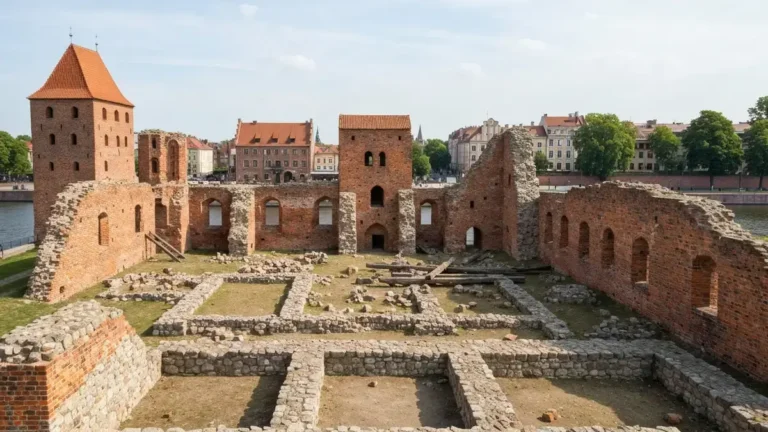 Ruiny zamku krzyżackiego w Toruniu przy gotyckiej zabudowie i nabrzeżu Wisły