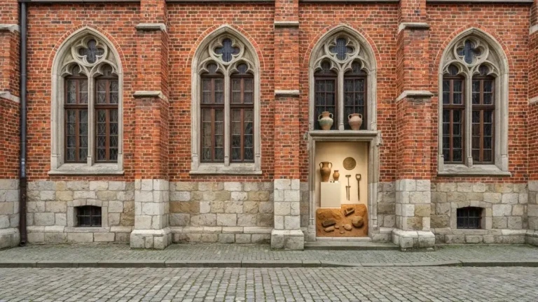 Gotycka kamienica Dom Eskenów w Toruniu z archeologicznymi eksponatami w tle
