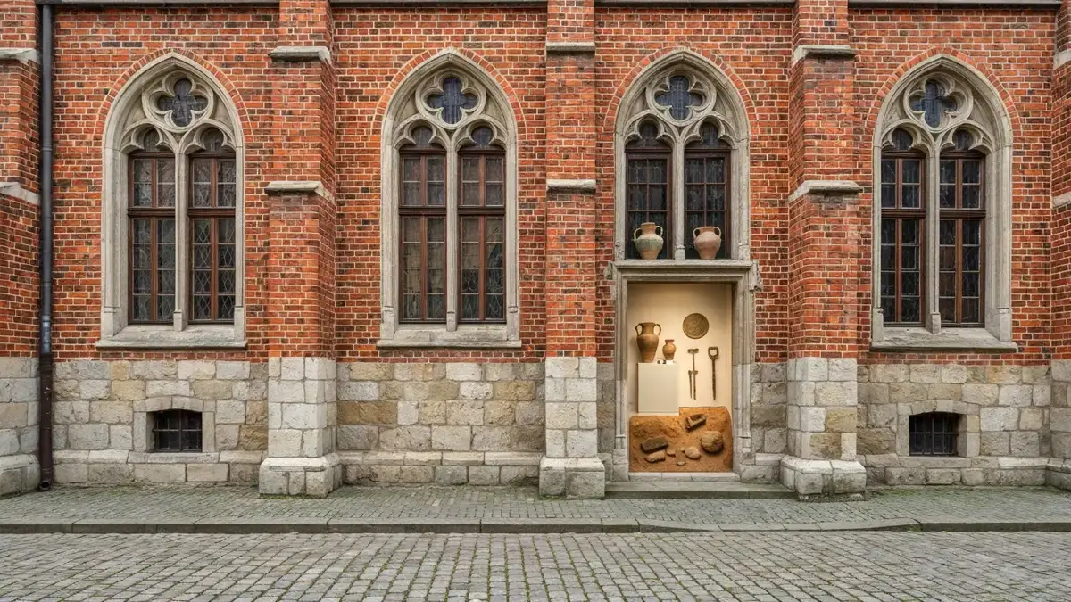 Gotycka kamienica Dom Eskenów w Toruniu z archeologicznymi eksponatami w tle