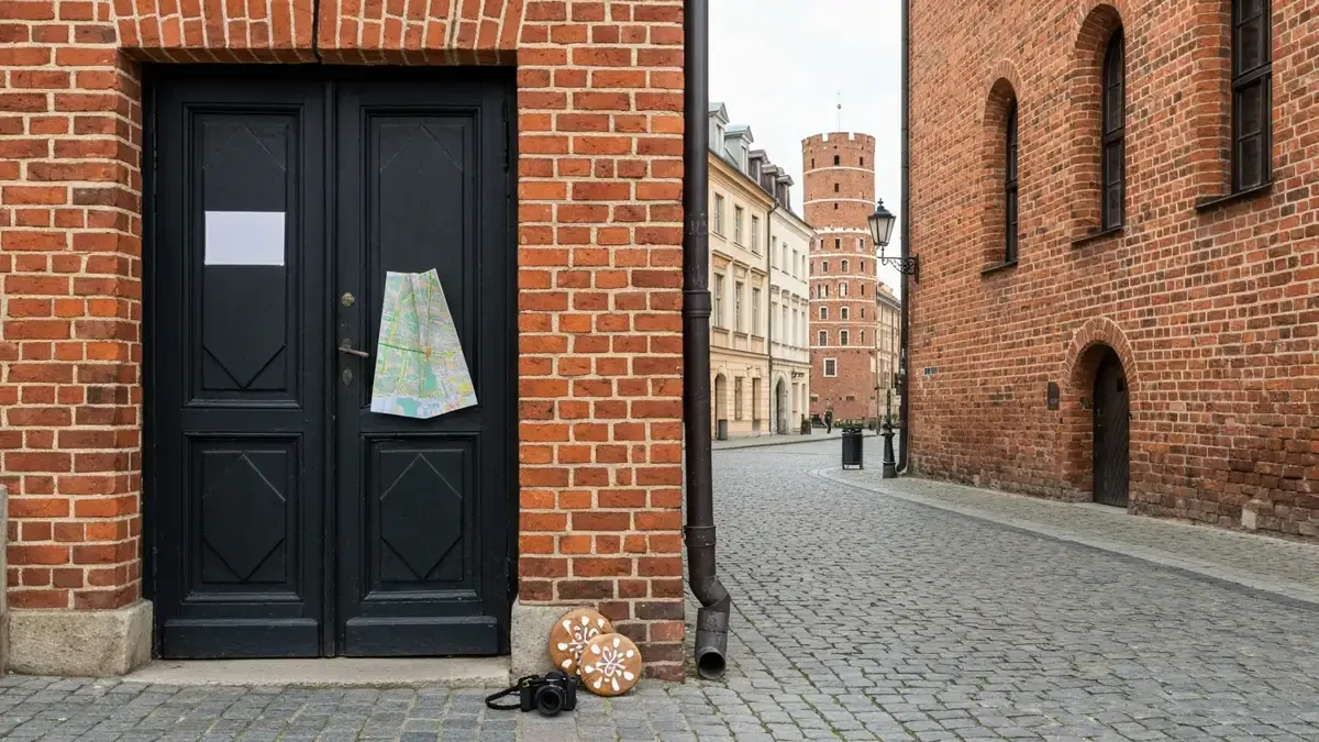 Zamknięte drzwi gotyckiej kamienicy w Toruniu, mapa i pierniki jako plan zwiedzania na poniedziałek