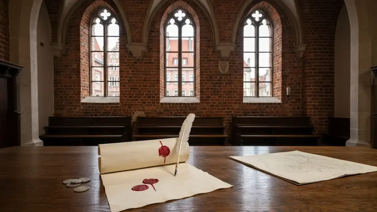 Parchment i pieczecie na stole w gotyckim wnetrzu Torunia nawiazujace do pokoju z 1466 roku