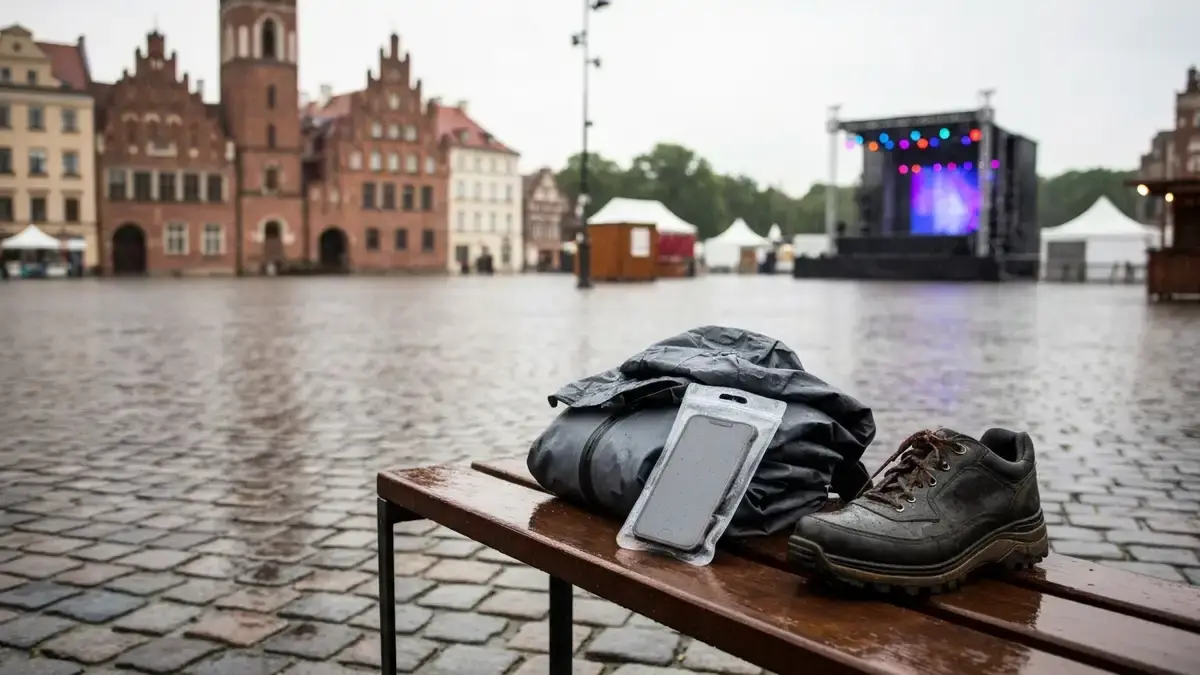 Peleryna, plecak i buty na mokrym bruku podczas deszczowego festiwalu w Toruniu
