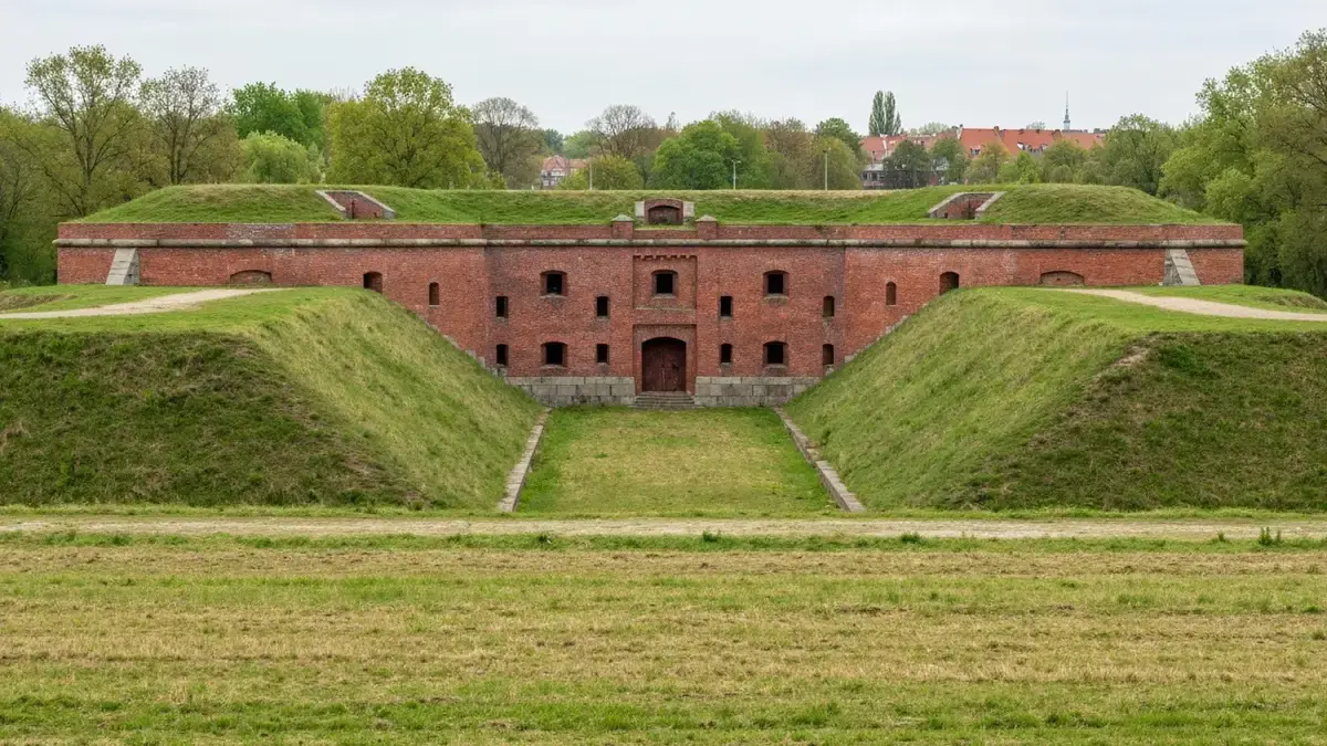 Ceglany Fort III w Toruniu z ziemnym wałem, fosą i otwartym przedpolem umocnień
