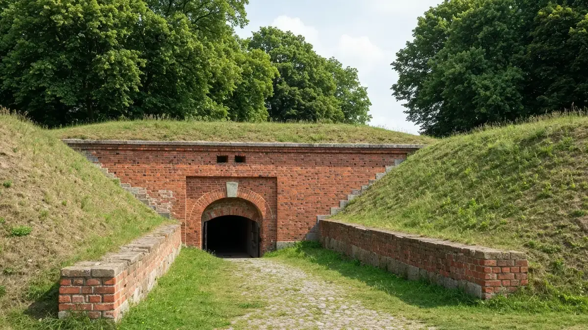 Ceglany fort Twierdzy Torun wsrod zieleni i ziemnych walow