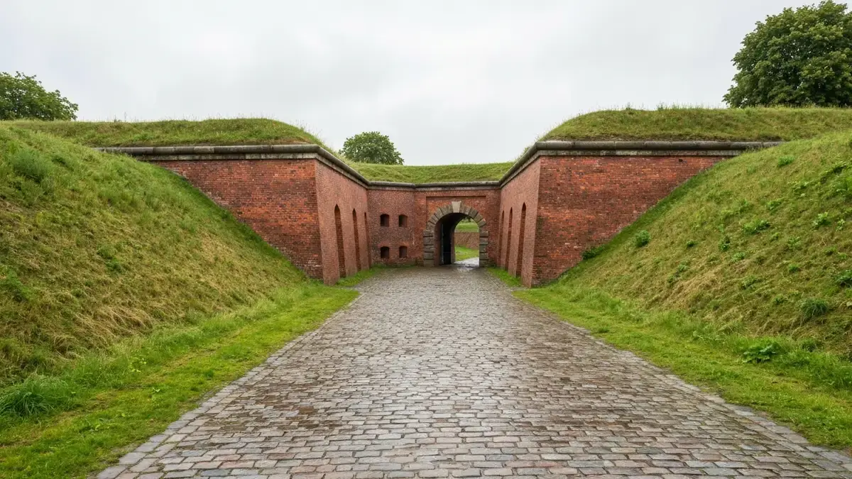 Ceglany Fort IV w Toruniu z wałami ziemnymi i suchą fosą w dziennym świetle