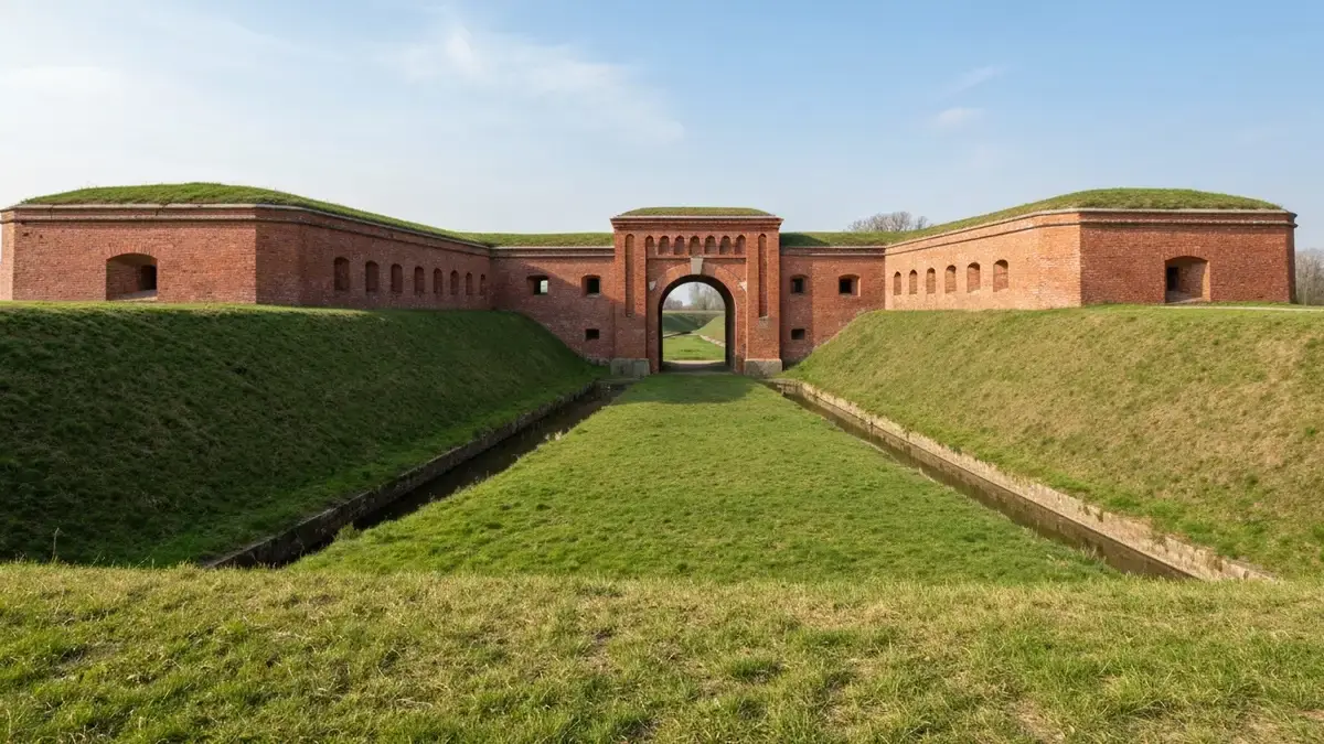 Ceglany Fort IV w Toruniu z fosą i wałami ziemnymi w świetle dziennym