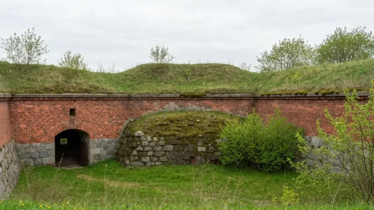 Opuszczony Fort XV w Toruniu z ceglaną ścianą, ziemnym wałem i zaroślami